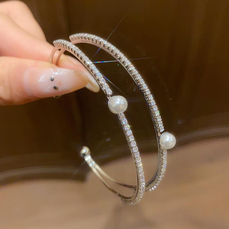 Элегантный многослойный открытый браслет-манжета в корейском стиле с жемчугом и кубическим цирконием