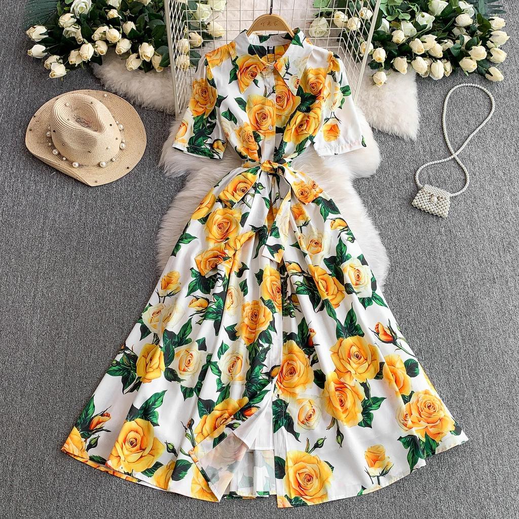 French Wear Temperament Printed Lapel Shirt Dress Women's Summer Vacation Style Strap Waist Skinny Long Dress