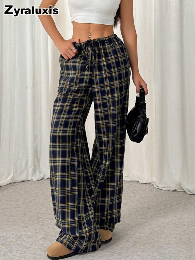 Autumn Winter New Fashion Casual Plaid Wide Leg Pants Women's School Season Christmas Daily Wear Outfit