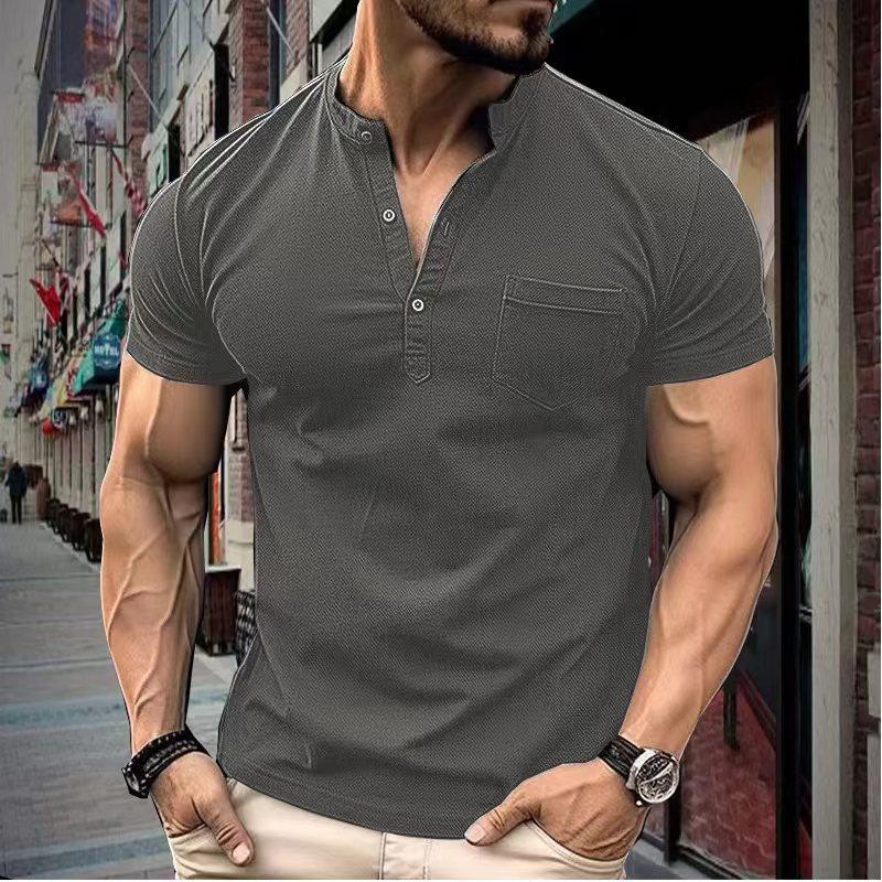 Men's Casual Polo Shirt V-neck Solid Color Versatile T-shirt Top