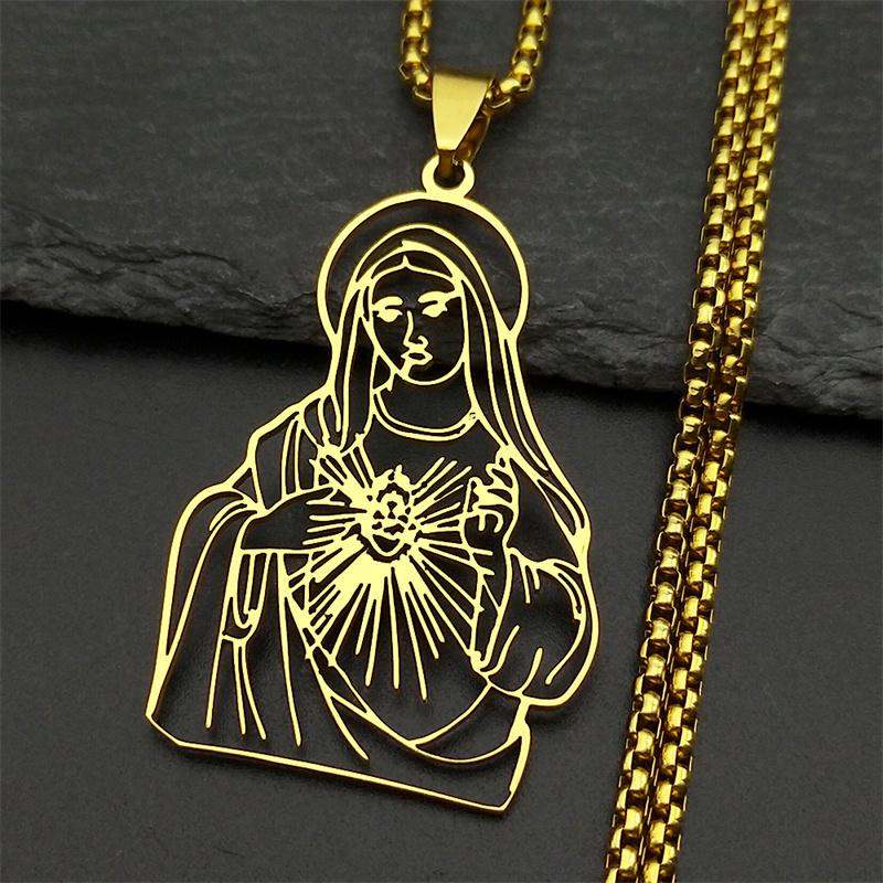 Virgin Mary Christian Pendant Necklace For Women Men Stainless Steel Gold Color Hollow Guadalupe Lady Chain Jewelry bijoux