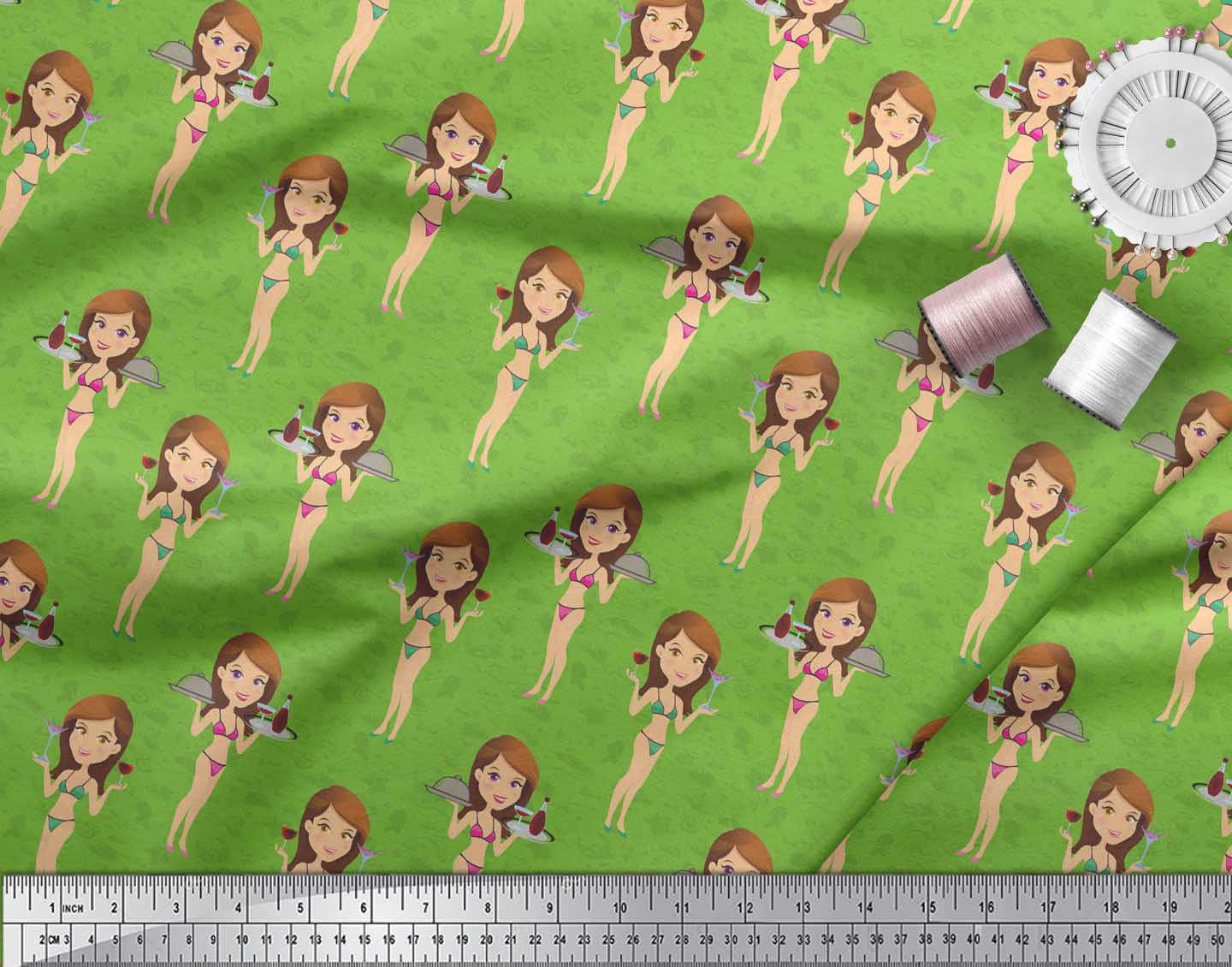 

Soimoi Blue Japan Crepe Satin Fabric Girl & Drinks Beach Print Тканина на метр 42 дюйма 42 Inch Wide - Poly Crepe зелений