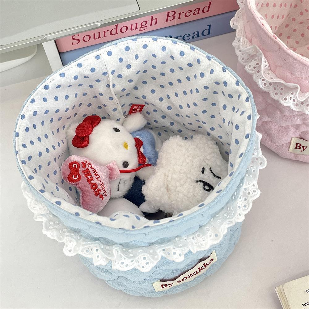 Korean Quilted Fabric Basket for Girls - Round Storage Organizer for Toys and Snacks.