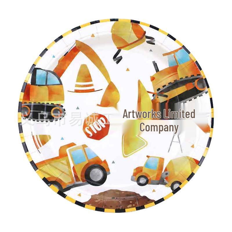 Construction Vehicle Birthday Party Tableware Set – Disposable Tablecloth and Plates with Cutlery for Kids' Theme Decor