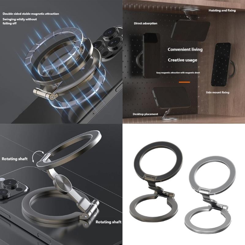 Double Hoop Magnetic Phone Holder with Full Rotation Capability Foldable Metal Construction for Desks