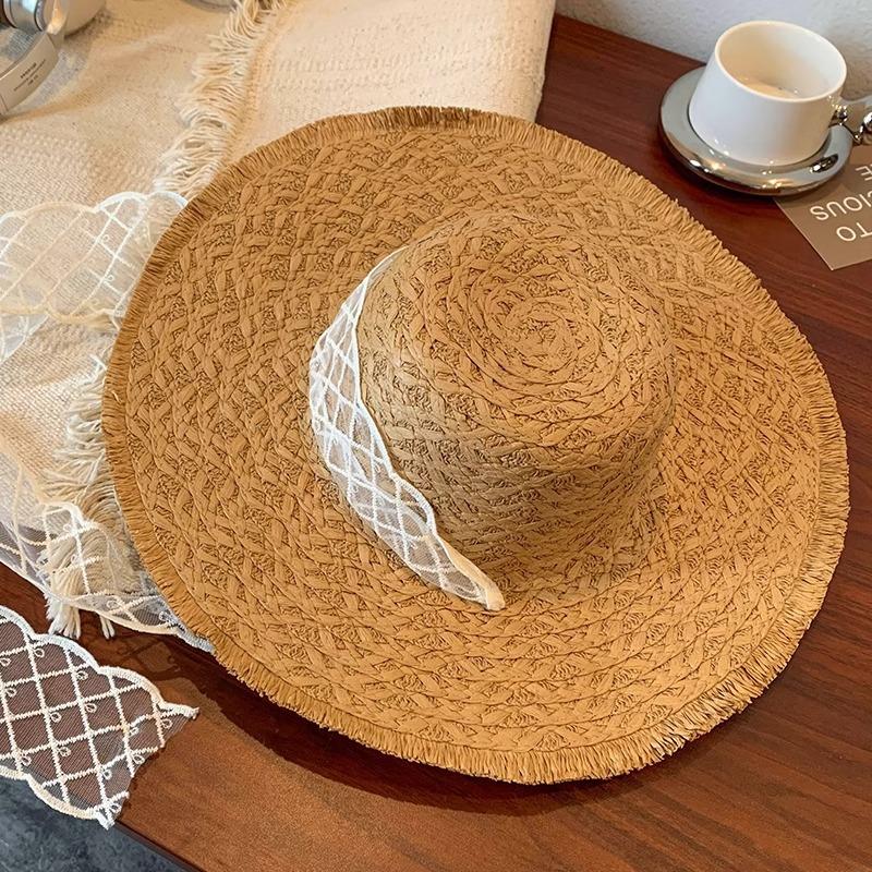 Lace Bow Straw Hat Women's Summer French Large Brim Sunscreen Hat Seaside Beach Vacation Sun Hat