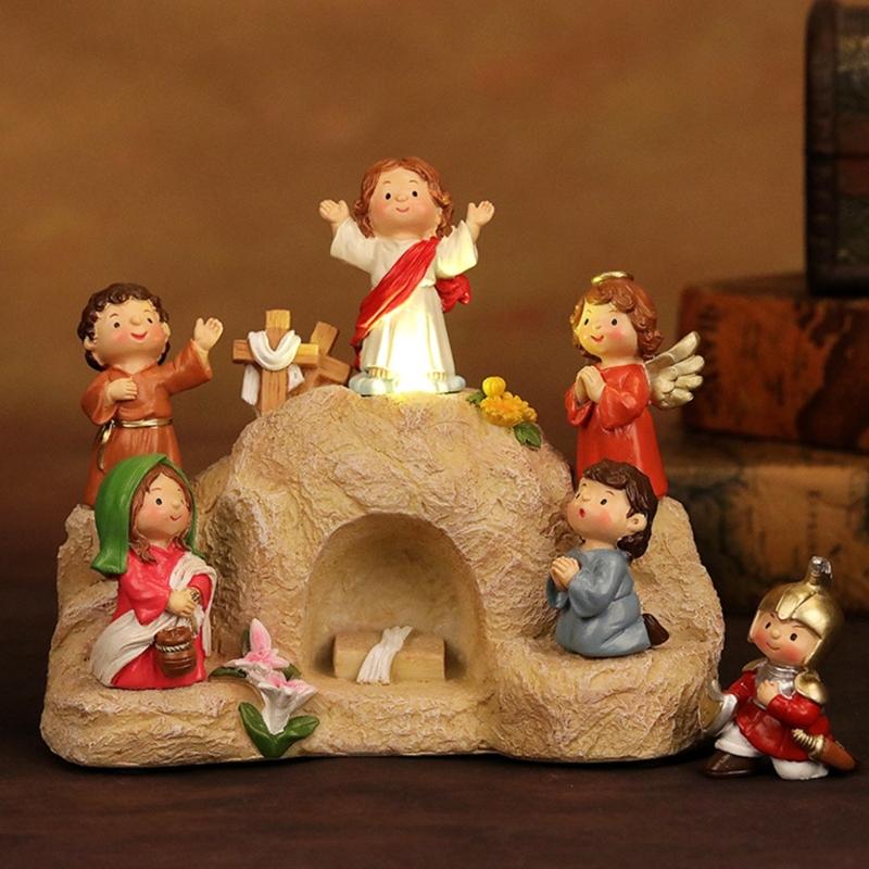 Miniature Christmas Resurrection Ornament with Resin Figures and LED light for Seasonal Home Decoration