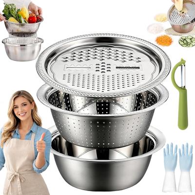 2026 New Germany Multifunctional Stainless Steel Basin, 3 In 1 Stainless Steel Basin and Grater Set, Colander Basin Mixing Bowl Set, Food Graters
