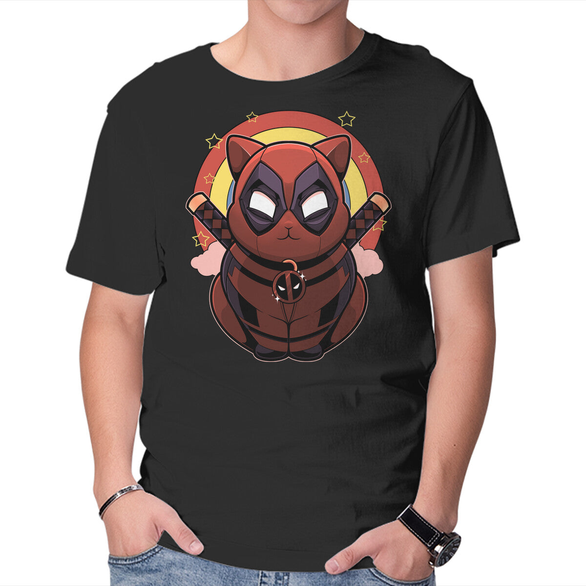 Unisex Crew Neck T-Shirt Red Cat Mutant Graphic Short Sleeve Casual Tee S
