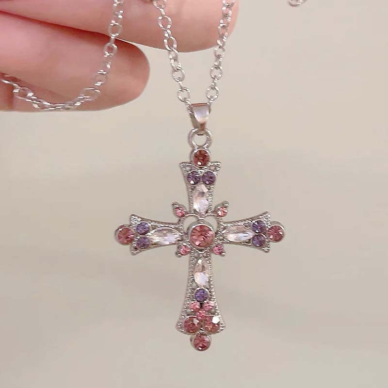 Zircon Cross Necklace Pink Purple Love Heart Cross Pendant Necklaces for Women Gothic Jewelry Party Girls Accessories