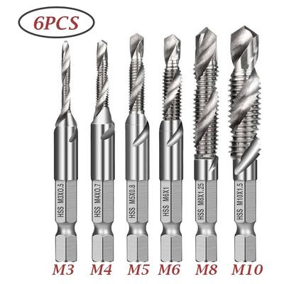 6PCS HSS Tap Drill Bit Set, 2 In 1 Combination Drills and Taps Set M3 M4 M5