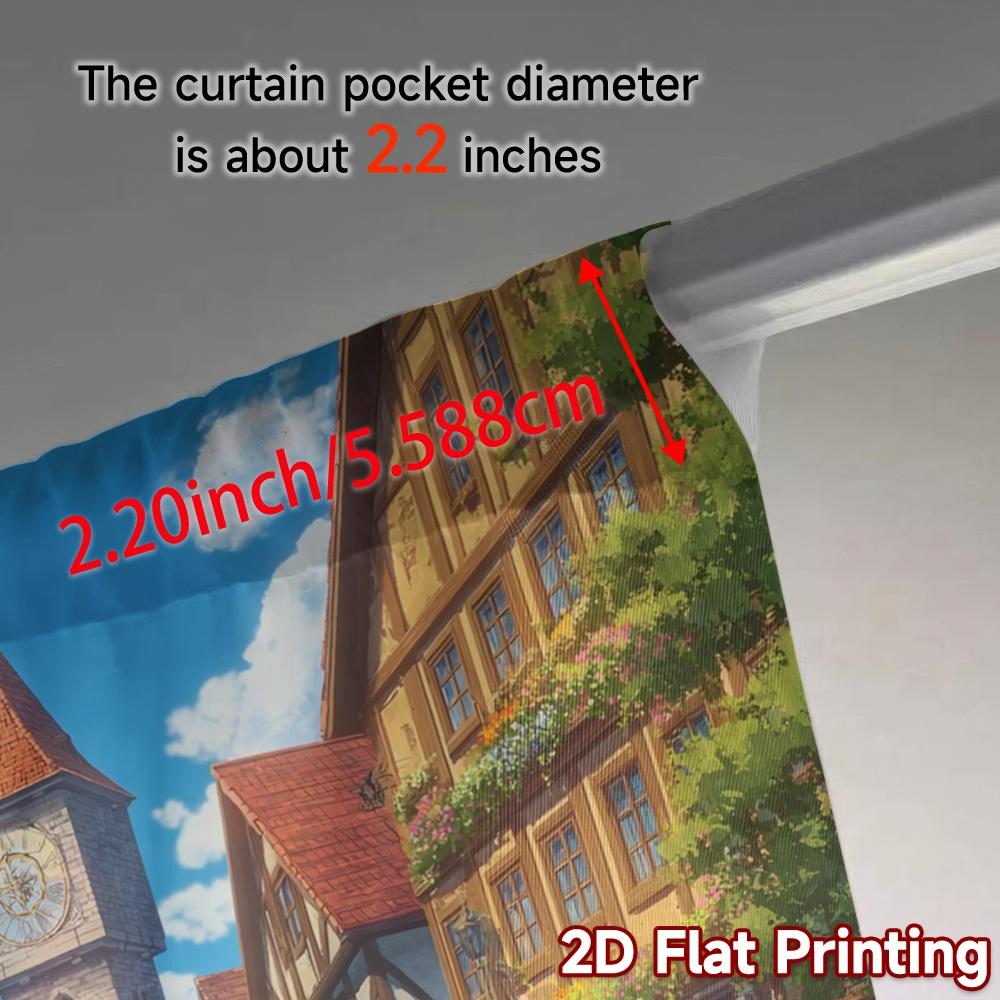 Set Of 2 Flat Printing Curtains Without Rod Charming Village View Popular Print Polyester Holiday Curtain