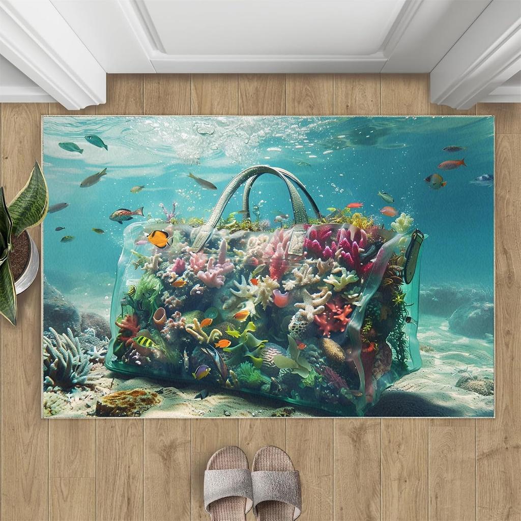 2D Koi Fish Waterfall Lotus Carpet Soft Non-Slip Corridor Decor Rug Oriental Style Pond Scene Entrance Doormat for Living Room