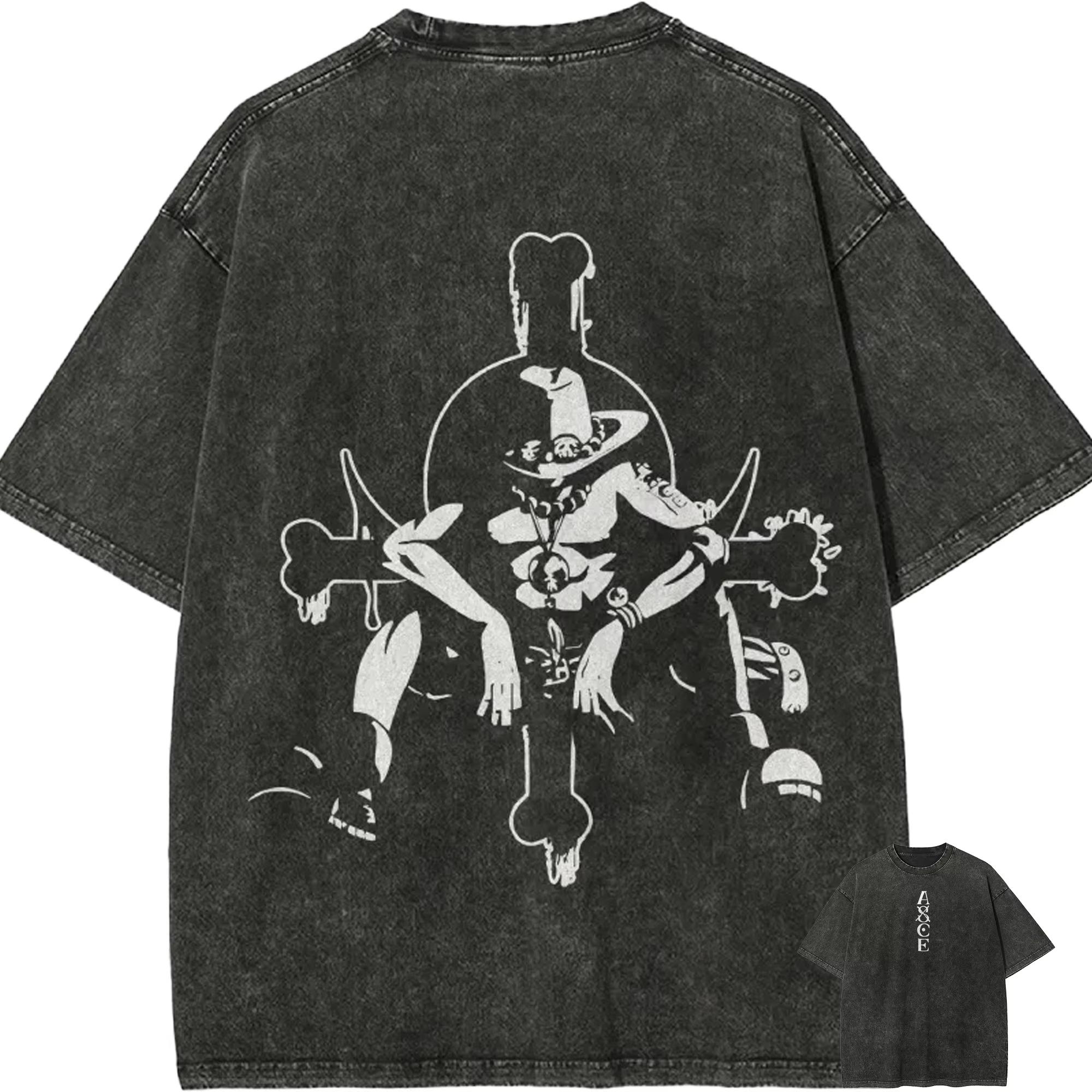 Ace T Shirt One Piece Whitebeard Pirates Vintage Acid Wash Streetwear Retro Japanese Anime Graphic Cotton S