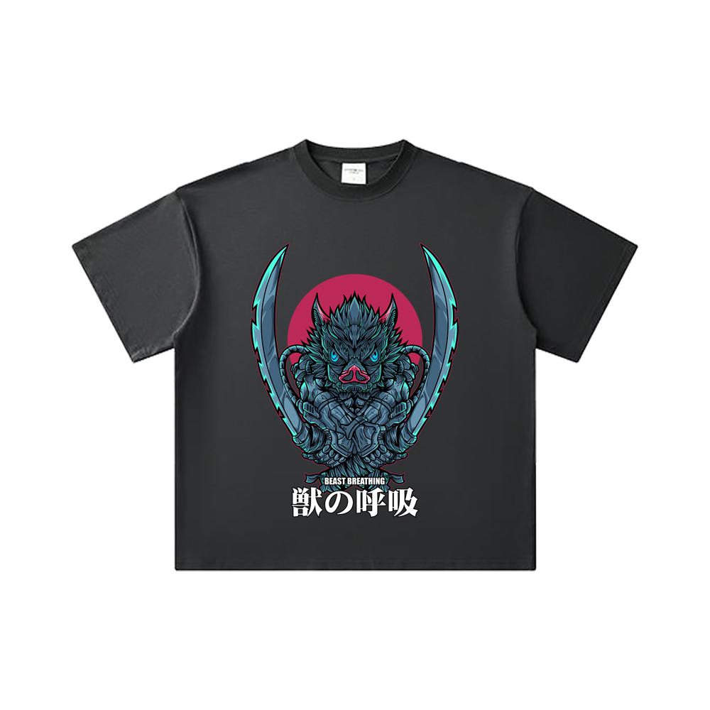 260 GSM Double Yarn 32 Count 100% Cotton Demon Slayer V29 Inosuke Print Unisex Heavy Cotton T Shirt
