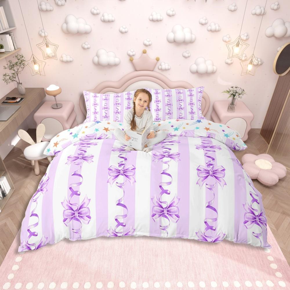 Set Husă Plapumă Homewish cu Fundă Roz pentru Fete, Set de Lenjerie de Pat Kawaii Prințesă Desene Animate, Set de Pat Reversibil Drăguț cu Imprimeu Stele
