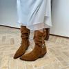 2025 Autumn and Winter New French Retro Thick Heel Western Cowboy Boots Women's Pointed Belt Buckle Medium Boots