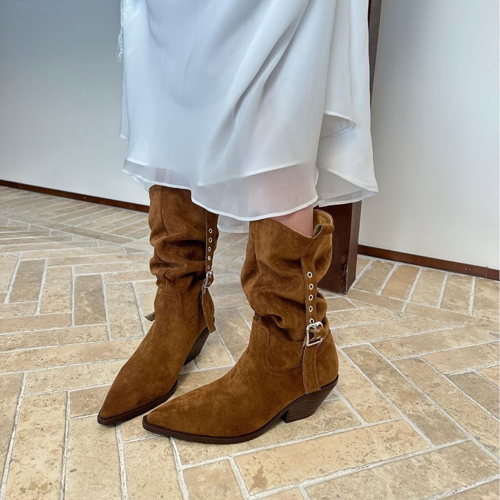2025 Autumn and Winter New French Retro Thick Heel Western Cowboy Boots Women's Pointed Belt Buckle Medium Boots