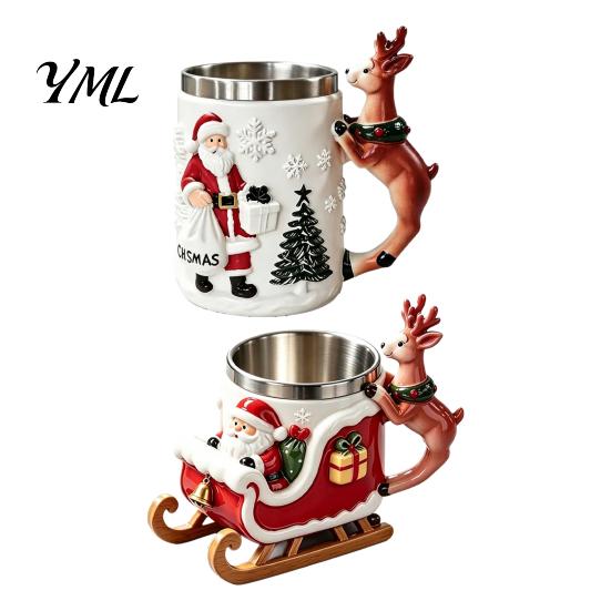 Decorative Desk Pen Holder Christmas Santa Claus Coffee Mug with Reindeer Handle, 300ml 3D Collectible Drinkware Embossed Resin Holiday Cup