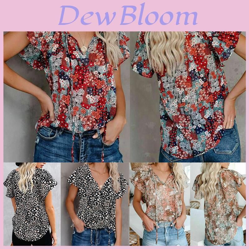 Elegant Womens Summer V Neck Short Sleeve T Shirt Featuring Vibrant Floral Print Design