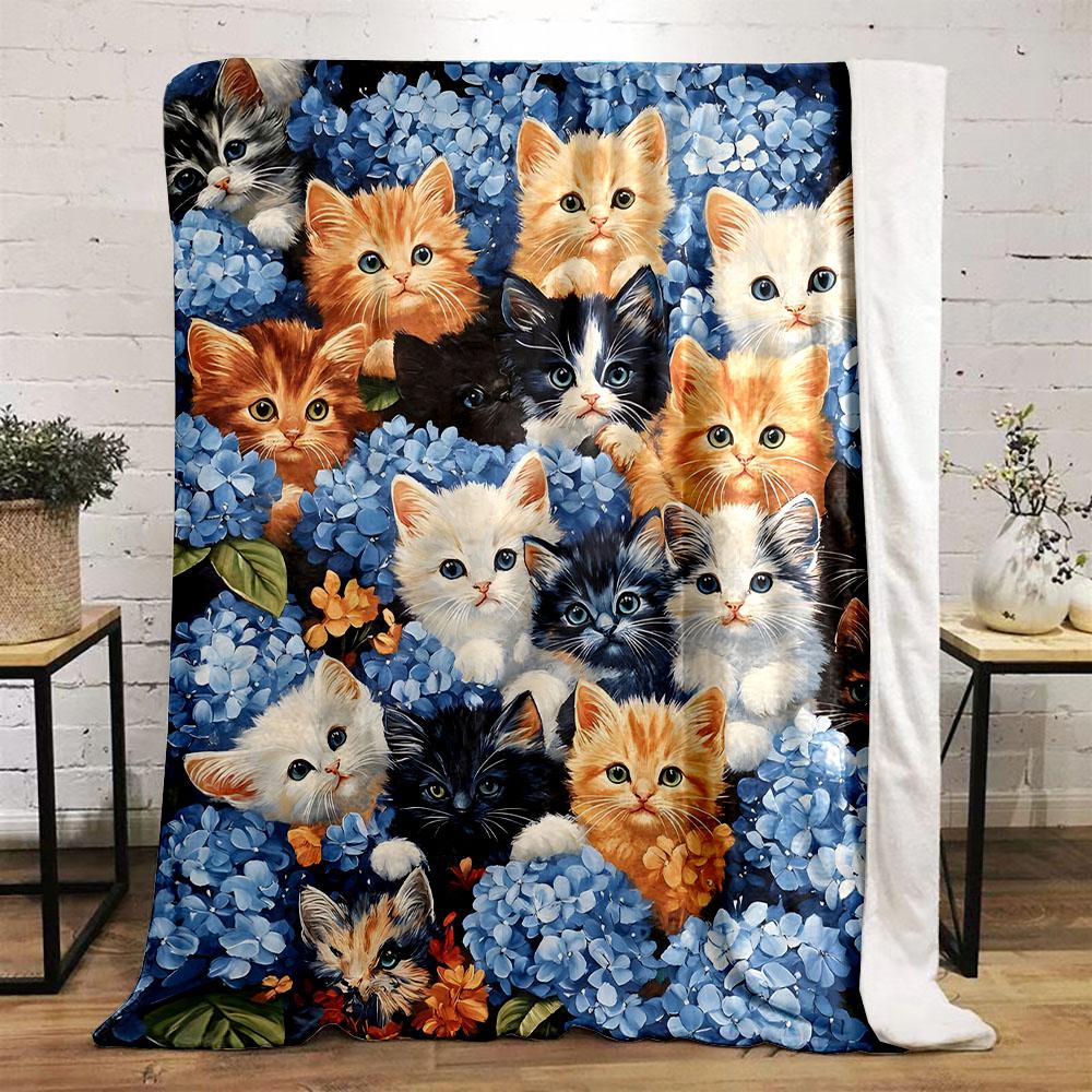 Adorable Kittens Among Hydrangeas Patterned Flannel Blanket Perfect for the Bedroom Living Room, Sofa, or a Little Nap