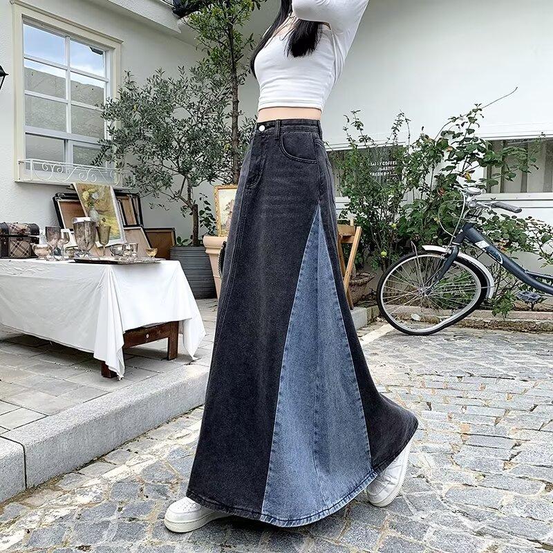 

Retro Patchwork Denim A-Line Midi Skirt - Spring 2025 Women s Slimming Color Block Design 2XL