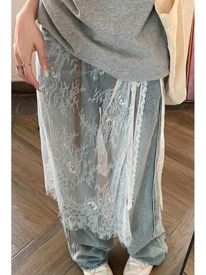 Celebrity-Inspired Floral Lace Layered Midi Skirt with Tie-Up and Split Design