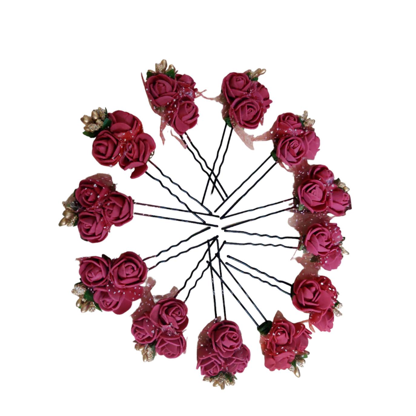 

@ Fancy Red Rose Flower Metal Jura Pin For Hair Bun Set Of 12 VD-752-60%OFF