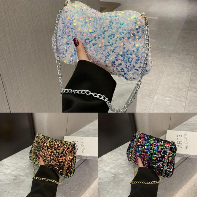 Solid Color Sequins Crossbody Bag Simple INS Chain Sequins Shoulder Bag Pocket Bag Phone Bag Small Square Bag Dinner Party