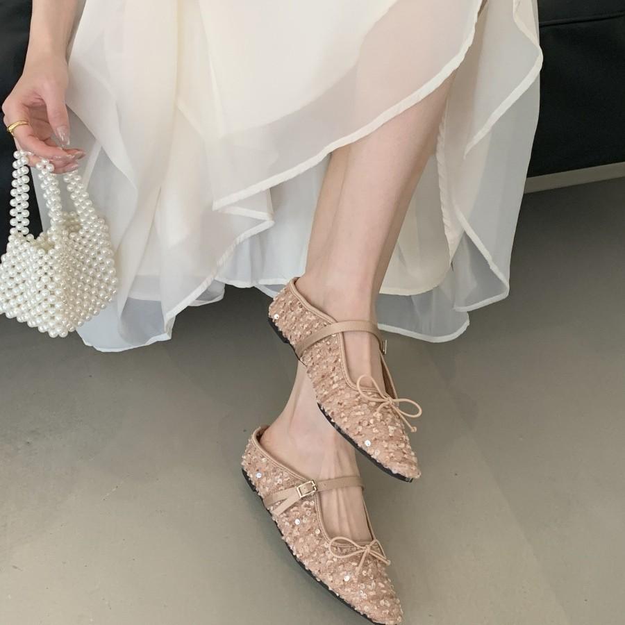 Korean Lady Temperament Evening Shoes Mary Jane Princess Shoes Inner Height Increase Sequined Bow Single Shoes 2025 New