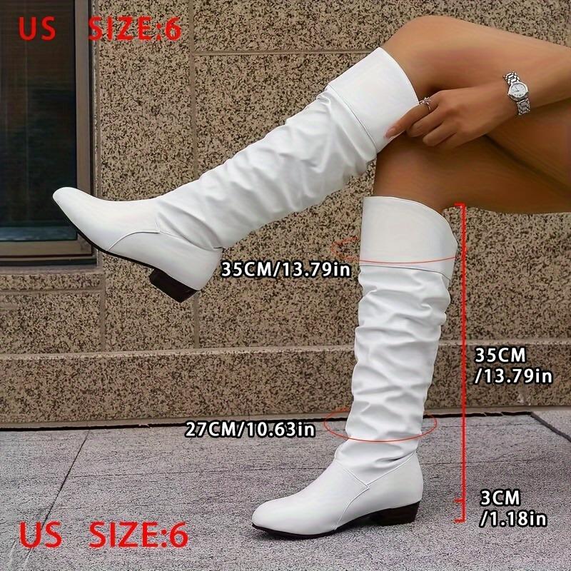 Nadměrné velikosti jednobarevné dlouhé kozačky - Nazouvací, Kulatá špička, Střední blokový podpatek, Flanelová podšívka, PU svršek, Gumová podrážka