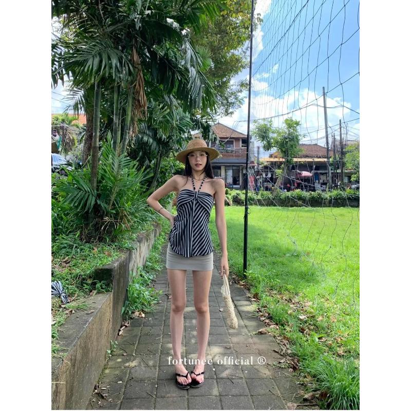 Striped Halterneck Vest Women New Versatile Slimming Sleeveless Backless Hot Girl Fashion Top