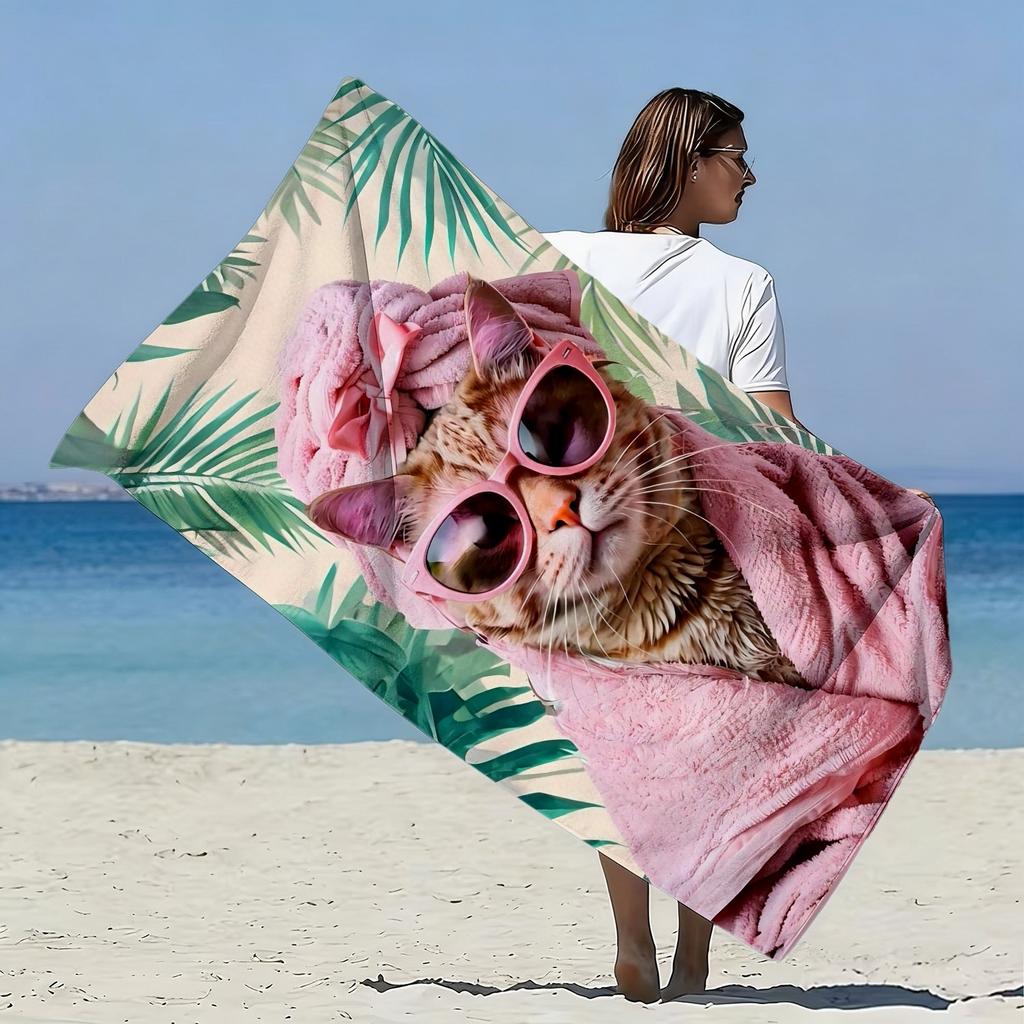 Spa Cat Beach Towel, Cute Cat In Pink Robe Sunglasses Print Oversized Bath Towel, Soft Quick Dry Cat Lover Summer Beach Blanket