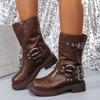 Fashion Four Seasons Platform Single Boots Women's Fashion Round Toe Studded Metal Buckle Block Heel Mid-leg Boots