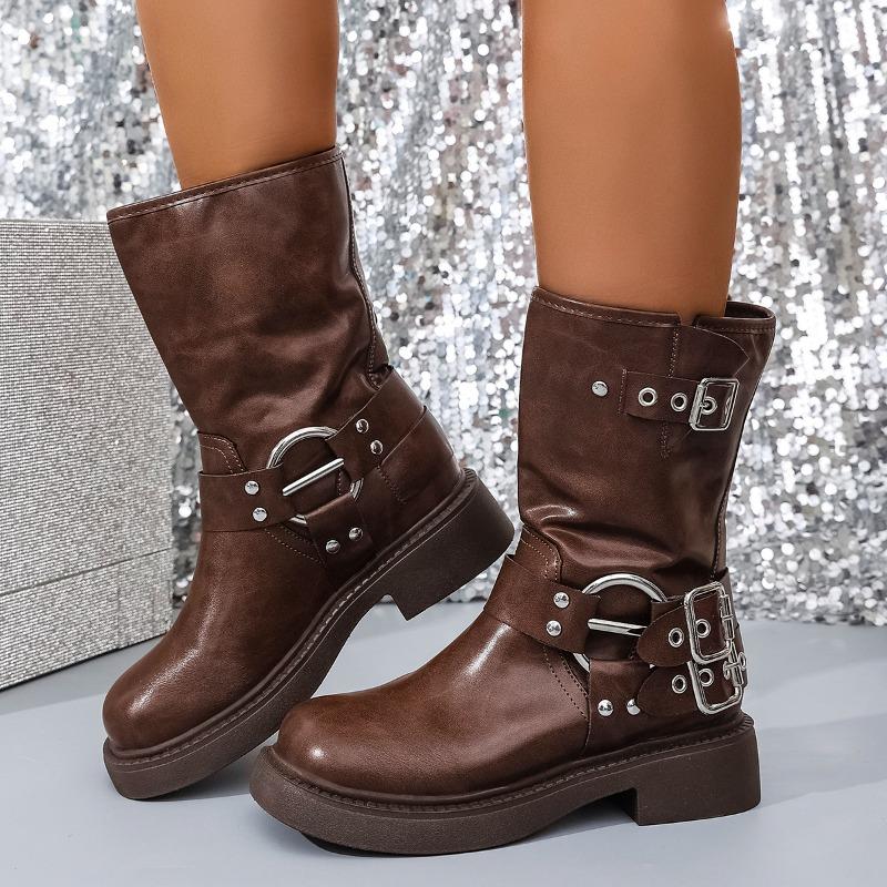 Fashion Four Seasons Platform Single Boots Women's Fashion Round Toe Studded Metal Buckle Block Heel Mid-leg Boots