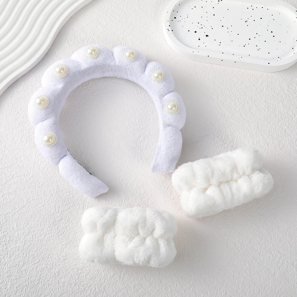 Wash Face Headbands Coral Fleece Pearl Hair Bands Cuff Waterproof Bands Absorbent Wristbands Head Band Hair Parts Set