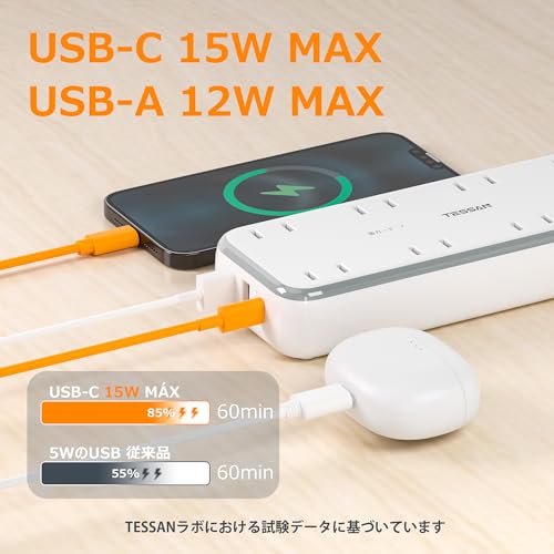 2m Power Strip, USB Extension Cord, USB Power Strip, Octopus Outlet, Slim Plug, TESSAN Table Tap, 8 AC Outlets, 2 USB-A Ports, 1 USB-C Port, Octopus W
