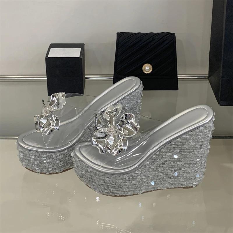 Eilyken Designer Crystal Sequin Cloth Platform Wedge Heels Women's Slippers Street Style PVC Transparent Banquet Shoes
