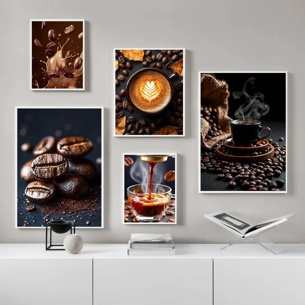 Coffee Cup And Beans Photograph Posters Delicious Coffee Latte Breakfast Prints Canvas Painting Wall Art Picture Home Room Decor