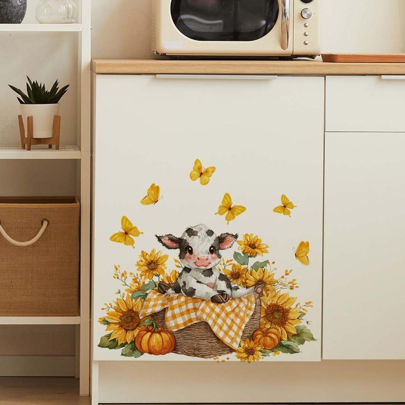 Bauernhaus-Sonnenblumen- und Kuh-Wandaufkleber - Selbstklebend und Nahtlos - Geeignet für Wohnwände