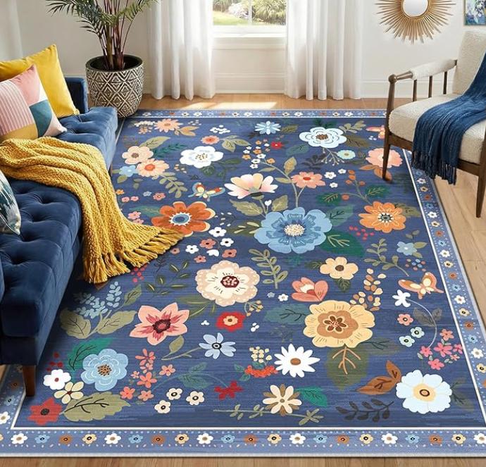 Alfombra Boho Floral Naranja Flor Vintage Antideslizante Lavable Alfombrilla para Suelo de Interior para Sala de Estar Dormitorio Decoración del Hogar Felpudo