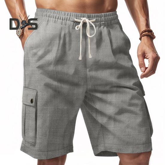 Pantaloni scurți pentru bărbați, culoare uni, pantaloni scurți cargo cu picior largi, cu buzunare, cu talie elastică, cu șnur, pantaloni scurți de plajă, îmbrăcăminte pentru timpul liber pentru călătorii