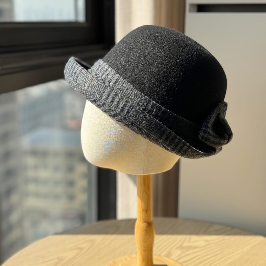 Korean Fashion Bow Thousand Bird Grid Basin Hat Autumn and Winter Top Hat Ladies Elegant Casual Warm Woolen Bucket Hat
