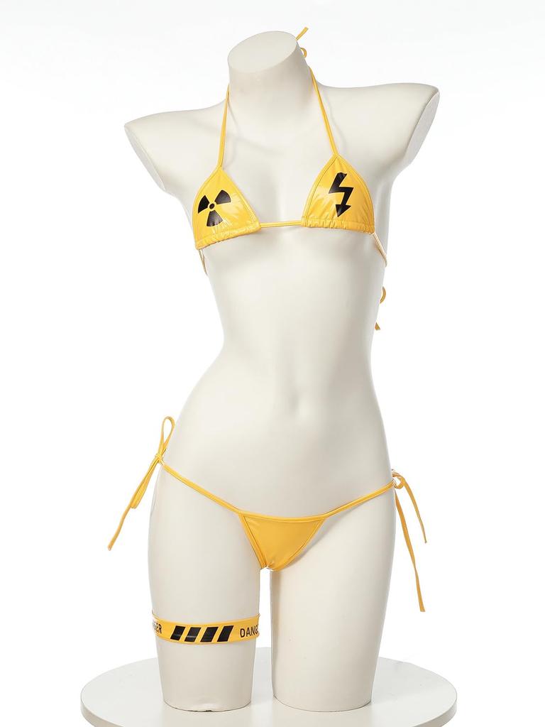 SENMHS Women's Yellow Leather-Look Cyberpunk Bikini, 3-Piece Set, Sexy Strappy Design, Bondage-Style Mini Top, Underwear, Cosplay, Photoshoots, Partie
