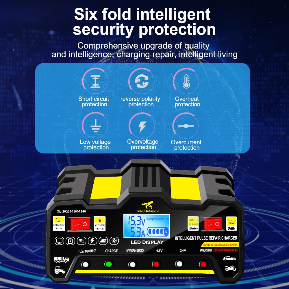 220W Intelligent Pulse Repair Battery Charger Fast Power EU Plug For Wet Dry Lead Acid Full Automatic Car Battery Charger 300AH LCD Display