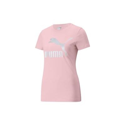 Camiseta Manga Curta Esportiva Retrô Americana com Estampa do Logo Classics Feminina Tops Rosa 536351-16