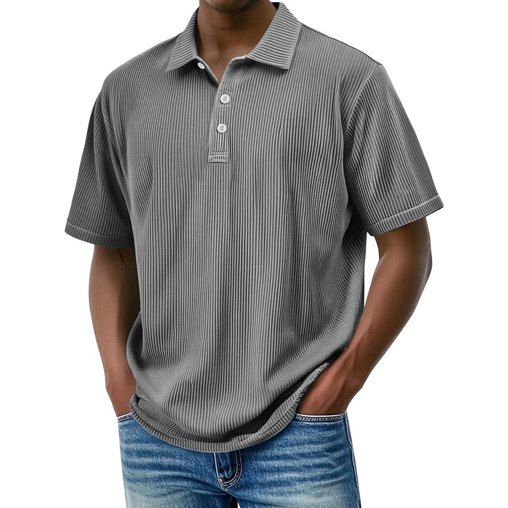 Pánské letní jednobarevné pruhované texturované volné tričko s krátkým rukávem a knoflíkovým límečkem
