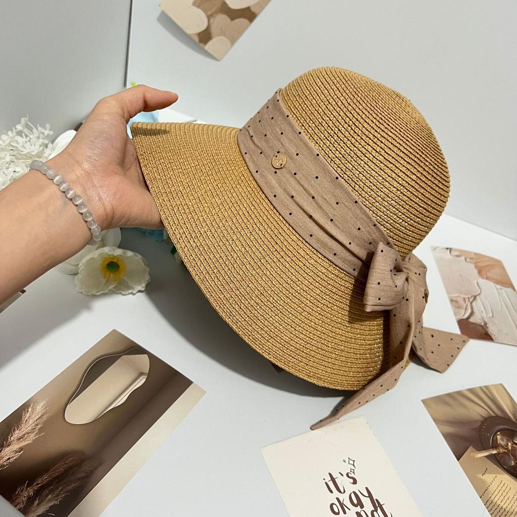 New summer big eaves hat polka dot female bow straw hat sunshade bucket hat travel seaside sunscreen basin