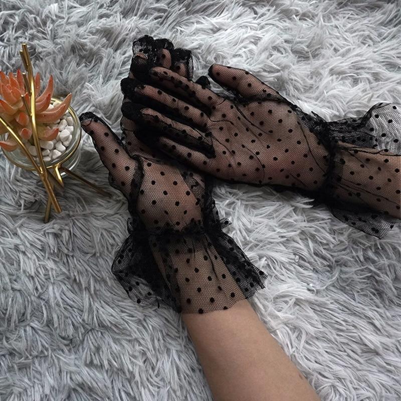 1 Pair Women Thin Short Tulle Gloves Stretchy Lace Spots Sheers Flexible Accessories Full Finger Short Gloves