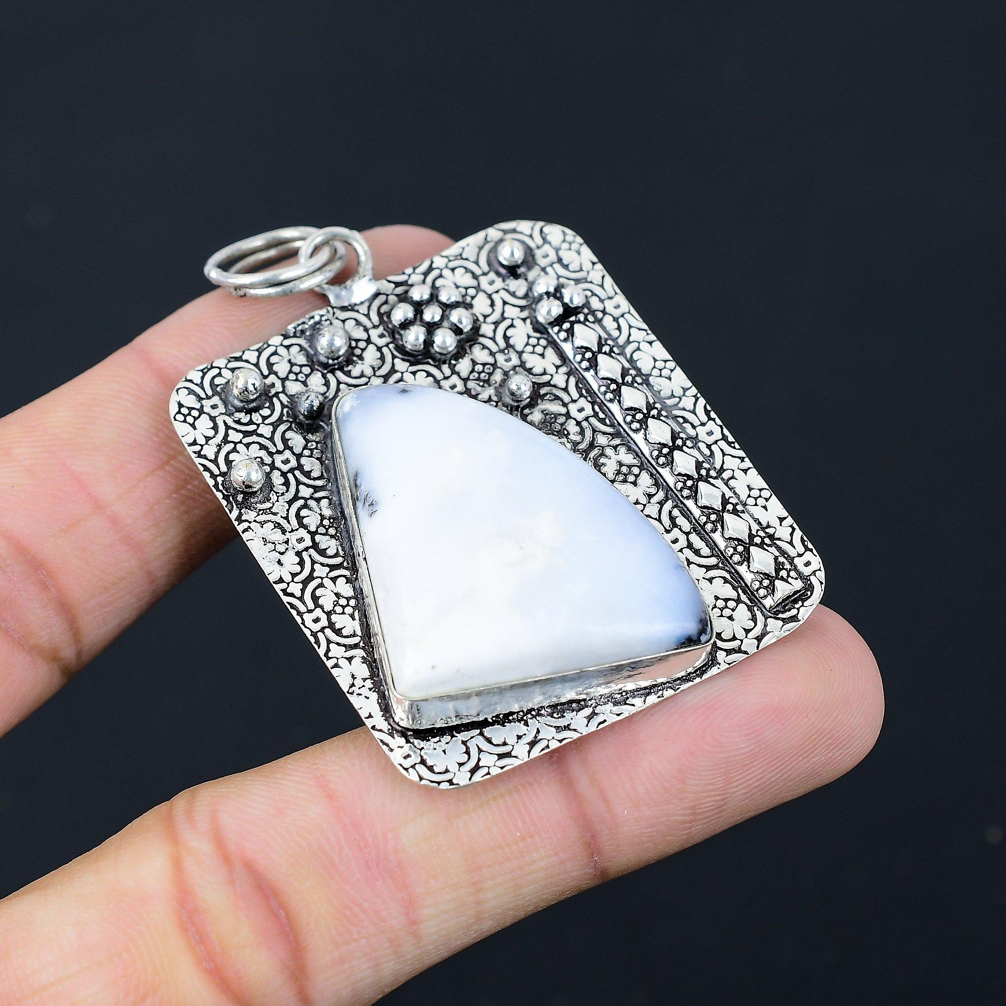 925 Silver Trillion Natural Dendrite Opal Handmade Ethnic Unique Wedding Pendant